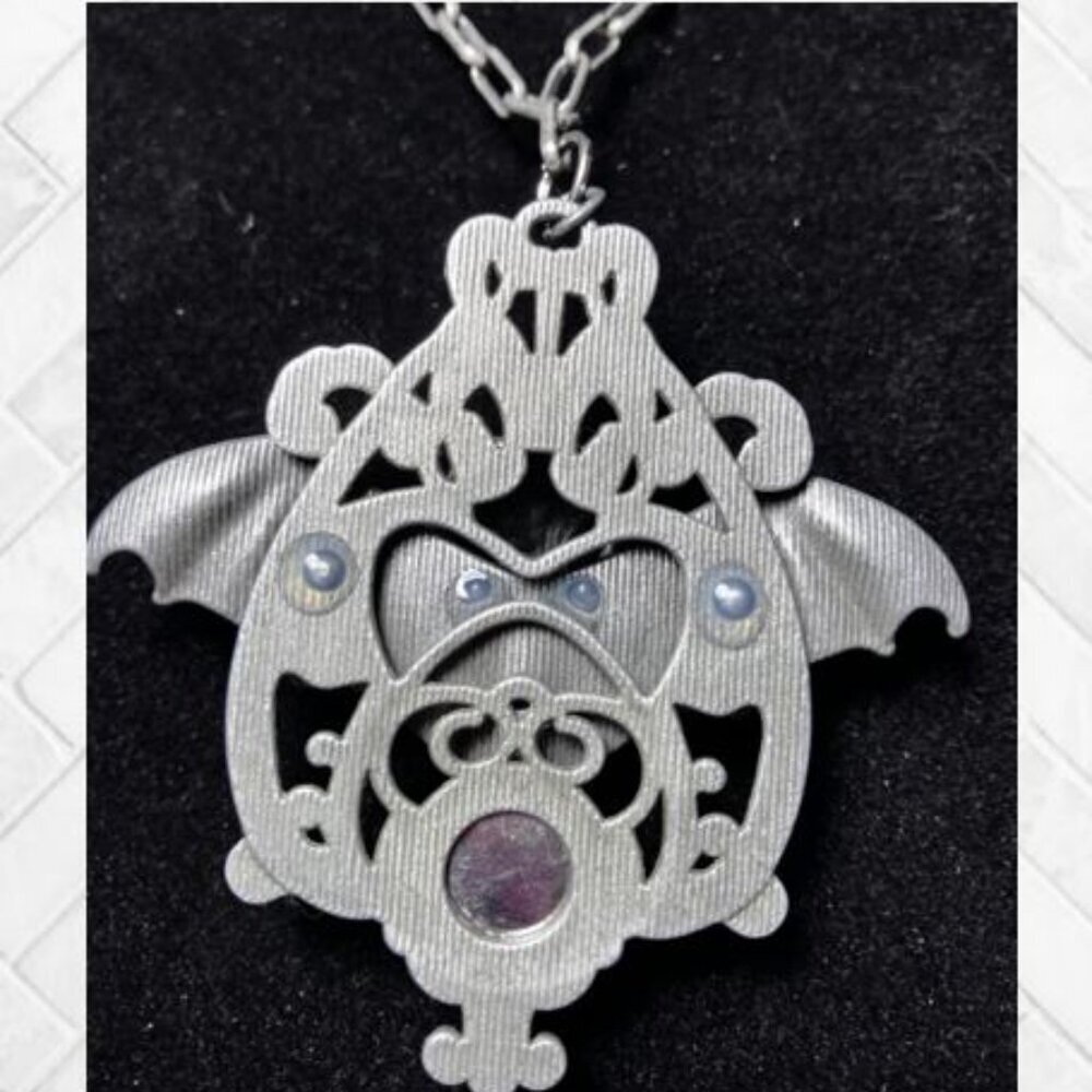 "Evil Bat" Bird Skeleton Head and Ruby-Colored Austrian Crystal Pendant - Picture 4 of 11